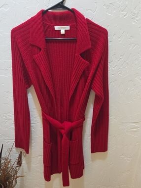 By Designers Red Ribbed Belted Cardigan with Patch Pockets